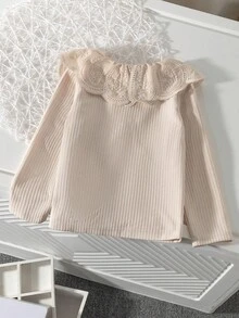 SHEIN 青少年女孩秋季優雅可愛鏤空刺繡彼得潘領羅紋針織長袖上衣休閒橘色與白色層次穿搭T恤校園風 - 杏色 - 查看 3