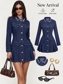 Sweetra Fashion Casual Elegant Young Lady Commuter Style Rivet Open Front Button-Up Denim Pleated Dress Everyday Date Fall - Dark Wash - View 3