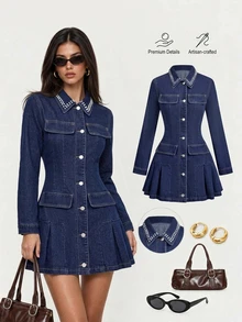 Sweetra Fashion Casual Elegant Young Lady Commuter Style Rivet Open Front Button-Up Denim Pleated Dress Everyday Date Fall - Dark Wash - View 2