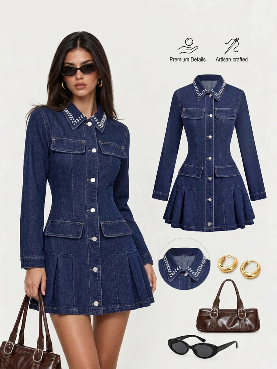 Sweetra Fashion Casual Elegant Young Lady Commuter Style Rivet Open Front Button-Up Denim Pleated Dress Everyday Date Fall