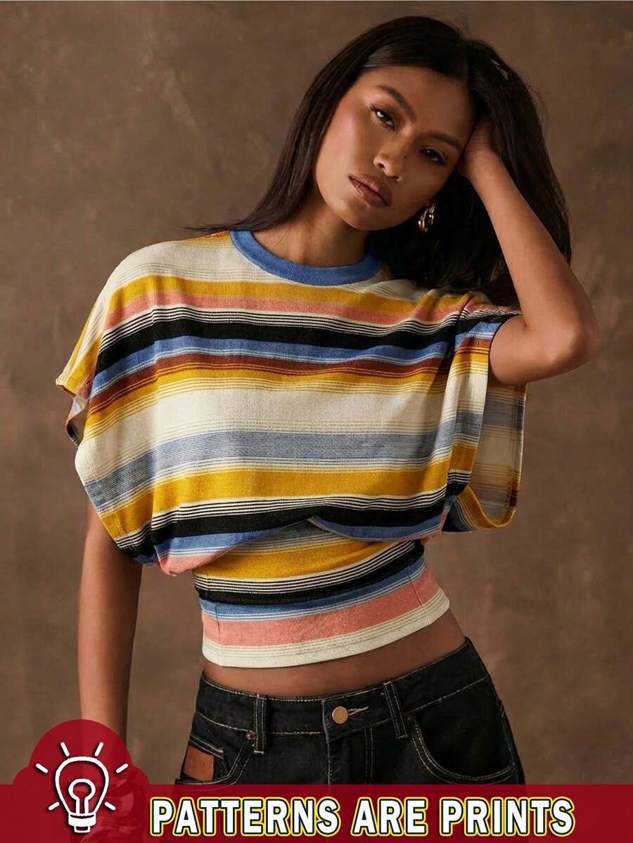 SHEIN BAE Women's 90s Retro Striped Print T-Shirt, Summer Casual Color ...