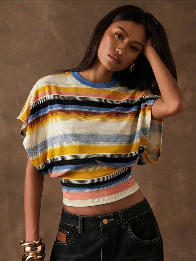 SHEIN BAE Women's 90s Retro Striped Print T-Shirt, Summer Casual Color-Blocked Chic Top, City Break Outings Street Style Airport Work Commute Chic - Multicolor - View 8