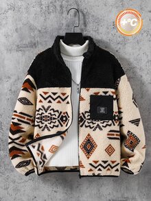 SHEIN 兒童青少年男孩休閒百搭印花拼接配色保暖內裡加厚連帽外套，適合通勤、上學、日常休閒、度假、旅行、運動，秋冬男孩外套、冬季上衣、冬裝外套 - 卡其色 - 查看 2