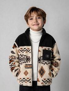 SHEIN 兒童青少年男孩休閒百搭印花拼接配色保暖內裡加厚連帽外套，適合通勤、上學、日常休閒、度假、旅行、運動，秋冬男孩外套、冬季上衣、冬裝外套 - 卡其色 - 查看 6