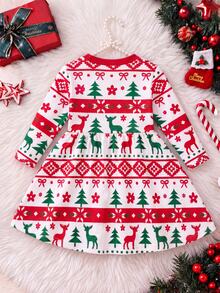 SHEIN Infant/Baby Girl Christmas Long Sleeve Dress, Light Pink Base Color, All-Over Print Wearing Christmas Hats. Round Neck Design, Christmas Tree Red Bow - Multicolor - View 2