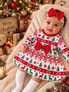 SHEIN Infant/Baby Girl Christmas Long Sleeve Dress, Light Pink Base Color, All-Over Print Wearing Christmas Hats. Round Neck Design, Christmas Tree Red Bow - Multicolor - View 3