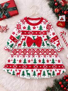 SHEIN Infant/Baby Girl Christmas Long Sleeve Dress, Light Pink Base Color, All-Over Print Wearing Christmas Hats. Round Neck Design, Christmas Tree Red Bow - Multicolor - View 4