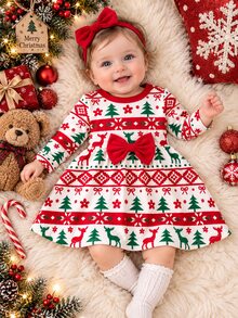SHEIN Infant/Baby Girl Christmas Long Sleeve Dress, Light Pink Base Color, All-Over Print Wearing Christmas Hats. Round Neck Design, Christmas Tree Red Bow - Multicolor - View 1
