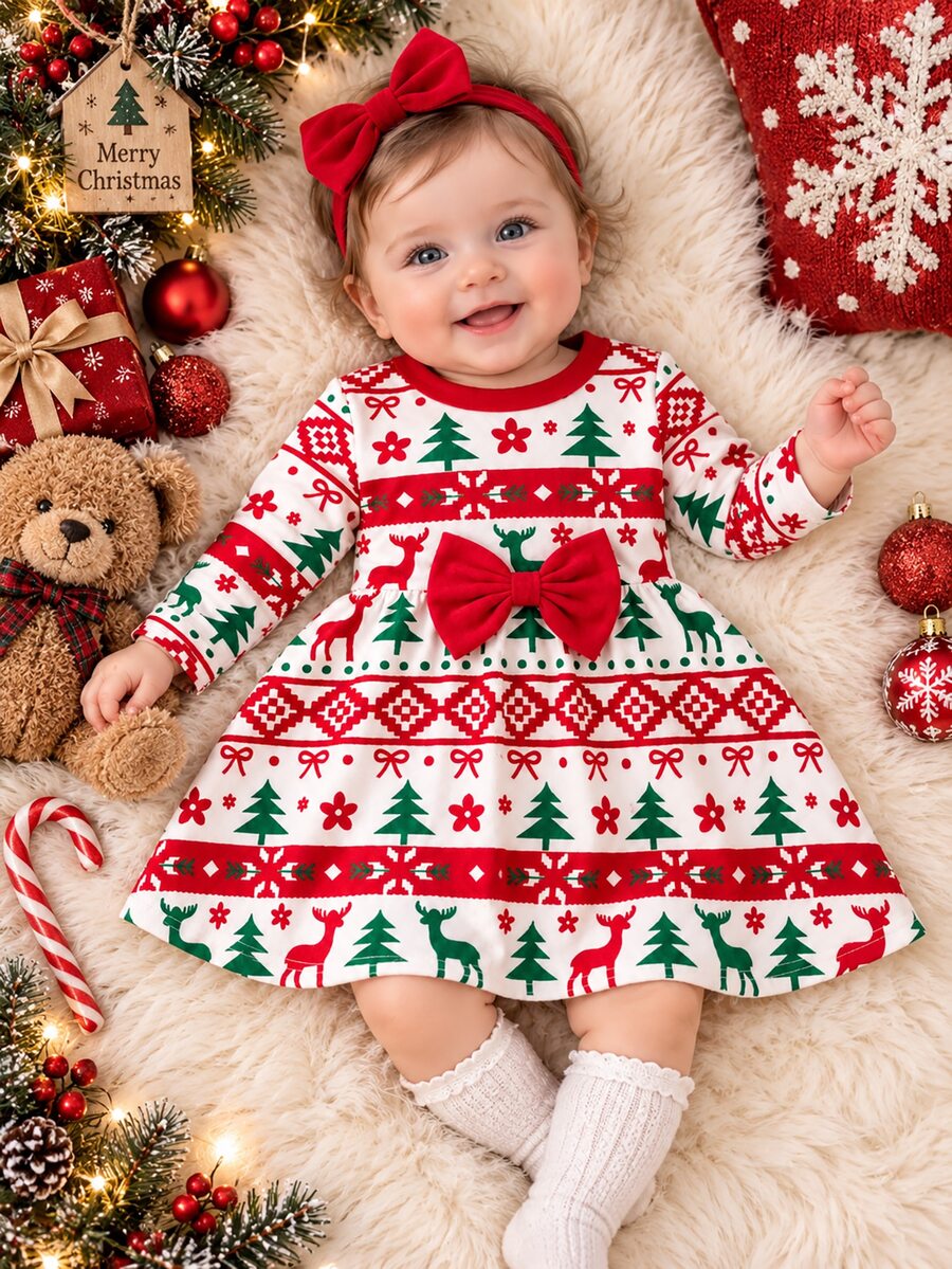 SHEIN Infant/Baby Girl Christmas Long Sleeve Dress, Light Pink Base Color, All-Over Print Wearing Christmas Hats. Round Neck Design, Christmas Tree Red Bow - Multicolor - View 1