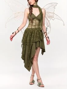 ROMWE Fairycore Lace Patchwork V-Neck Asymmetrical Hem Layered Midi Dress With Lace Ribbons For Women - Dark Green - View 5