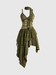 ROMWE Fairycore Lace Patchwork V-Neck Asymmetrical Hem Layered Midi Dress With Lace Ribbons For Women - Dark Green - View 1