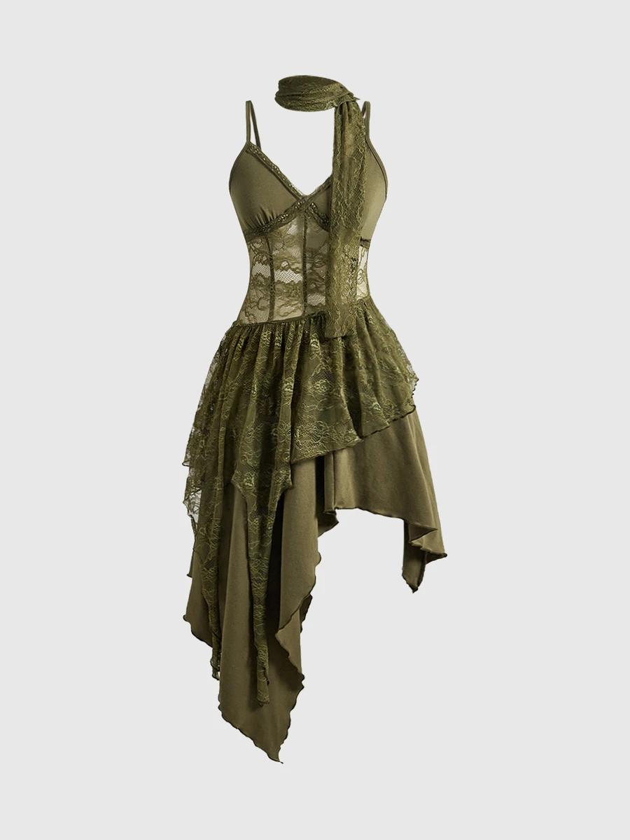ROMWE Fairycore Lace Patchwork V-Neck Asymmetrical Hem Layered Midi Dress With Lace Ribbons For Women - Dark Green - View 1