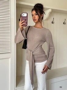 Siren Gaze Autumn/Winter New Waist Tie Round Neck Pullover Sweater For Women High Tea Day Time Everyday Colorful Casual Elegant - Khaki - View 6