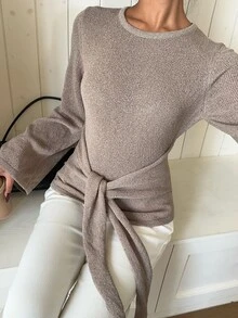 Siren Gaze Autumn/Winter New Waist Tie Round Neck Pullover Sweater For Women High Tea Day Time Everyday Colorful Casual Elegant - Khaki - View 4