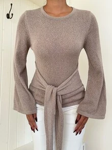 Siren Gaze Autumn/Winter New Waist Tie Round Neck Pullover Sweater For Women High Tea Day Time Everyday Colorful Casual Elegant - Khaki - View 3