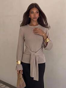 Siren Gaze Autumn/Winter New Waist Tie Round Neck Pullover Sweater For Women High Tea Day Time Everyday Colorful Casual Elegant - Khaki - View 1