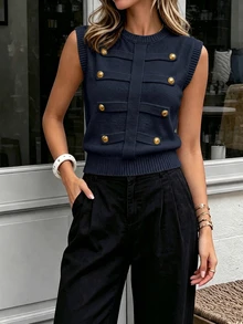 SHEIN PariChic Women's Autumn/Winter Casual Sleeveless Napoleon Button Round Neck Knit Vest - Navy Blue - View 7