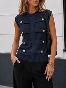 SHEIN PariChic Women's Autumn/Winter Casual Sleeveless Napoleon Button Round Neck Knit Vest - Navy Blue - View 4