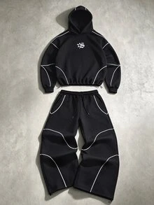 STYNVO Men's Star Print Hoodie And Colorblock Drawstring Waist Long Pants Set - Black - View 3