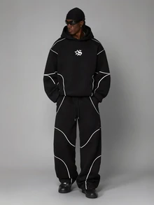 STYNVO Men's Star Print Hoodie And Colorblock Drawstring Waist Long Pants Set - Black - View 1