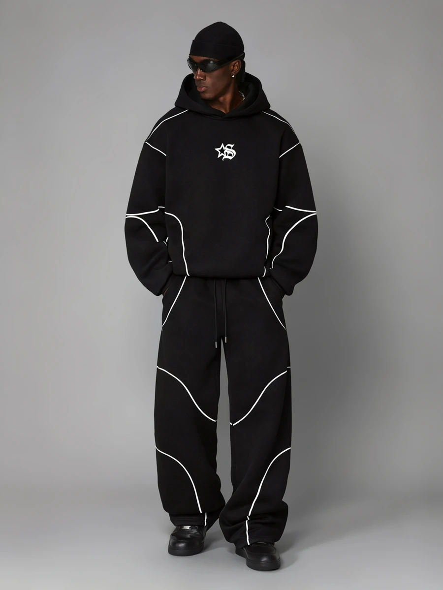 STYNVO Men's Star Print Hoodie And Colorblock Drawstring Waist Long Pants Set - Black - View 1