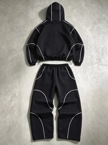 STYNVO Men's Star Print Hoodie And Colorblock Drawstring Waist Long Pants Set - Black - View 4