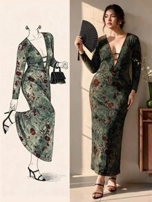 EastFlair Plus Size Women's Jacquard Deep V-Neck Long Sleeve Fitted Sexy Fashion Dress Fall/Winter Chinese Style Chic Dress Party Dress - Green - View 2