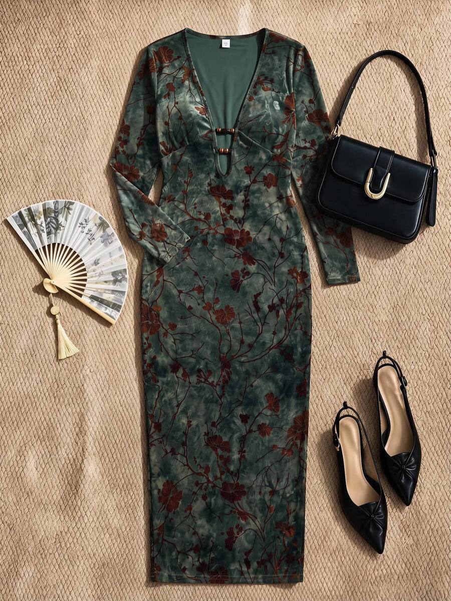 EastFlair Plus Size Women's Jacquard Deep V-Neck Long Sleeve Fitted Sexy Fashion Dress Fall/Winter Chinese Style Chic Dress Party Dress - Green - View 1