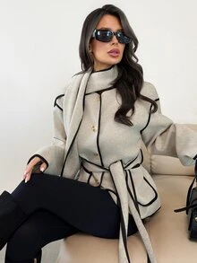 Firerie Women's Casual Elegant Contrast Color Decor Belt Thin Edge Floral Tweed Light Grey Wool Long Sleeve Jacket, Includes Scarf, Office Fall - Apricot - View 10