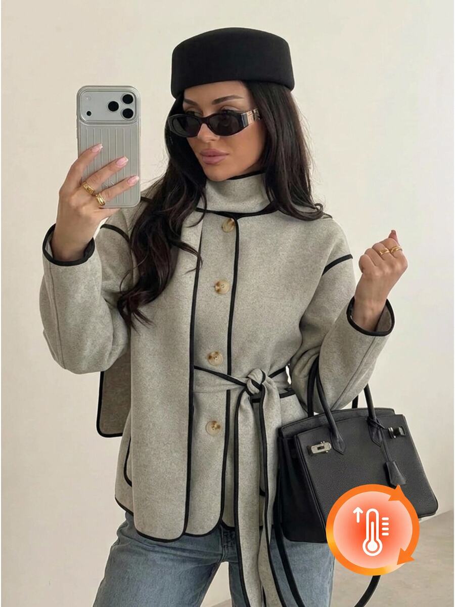 Firerie Women's Casual Elegant Contrast Color Decor Belt Thin Edge Floral Tweed Light Grey Wool Long Sleeve Jacket, Includes Scarf, Office Fall