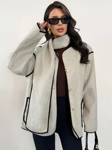 Firerie Women's Casual Elegant Contrast Color Decor Belt Thin Edge Floral Tweed Light Grey Wool Long Sleeve Jacket, Includes Scarf, Office Fall - Apricot - View 7