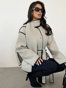 Firerie Women's Casual Elegant Contrast Color Decor Belt Thin Edge Floral Tweed Light Grey Wool Long Sleeve Jacket, Includes Scarf, Office Fall - Apricot - View 5