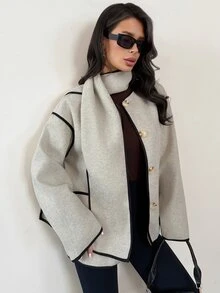 Firerie Women's Casual Elegant Contrast Color Decor Belt Thin Edge Floral Tweed Light Grey Wool Long Sleeve Jacket, Includes Scarf, Office Fall - Apricot - View 4