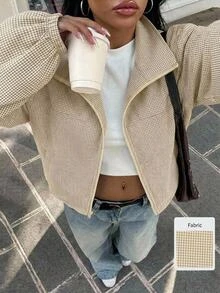 Coolane Women's Fall/Winter Streetwear Casual Going Out Basic Athleisure Khaki Plaid Old Money Stand Collar Varsity Jacket,Airport Outfit,Casual Jacket - Khaki - View 4