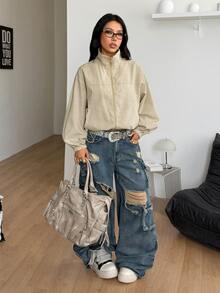 Coolane Women's Fall/Winter Streetwear Casual Going Out Basic Athleisure Khaki Plaid Old Money Stand Collar Varsity Jacket,Airport Outfit,Casual Jacket - Khaki - View 9
