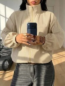 Coolane Women's Fall/Winter Streetwear Casual Going Out Basic Athleisure Khaki Plaid Old Money Stand Collar Varsity Jacket,Airport Outfit,Casual Jacket - Khaki - View 3