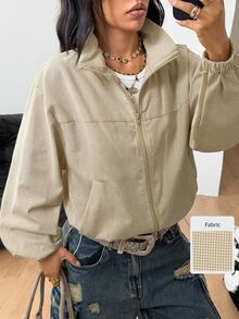 Coolane Women's Fall/Winter Streetwear Casual Going Out Basic Athleisure Khaki Plaid Old Money Stand Collar Varsity Jacket,Airport Outfit,Casual Jacket - Khaki - View 6