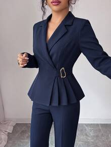 Elenzga Women's Solid Color Lapel Neck Long Sleeve Jacket And Flare Pants Suit Set Office Business Navy Blue Fall Elegant Casual - Navy Blue - View 3