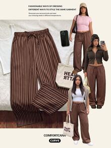 Comfortcana Plus Size Casual Striped Colorblock Drawstring Waist Loose Pants Fall - Brown - View 6