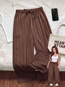 Comfortcana Plus Size Casual Striped Colorblock Drawstring Waist Loose Pants Fall - Brown - View 8