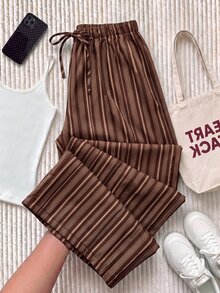 Comfortcana Plus Size Casual Striped Colorblock Drawstring Waist Loose Pants Fall - Brown - View 5