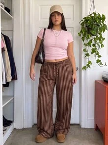 Comfortcana Plus Size Casual Striped Colorblock Drawstring Waist Loose Pants Fall - Brown - View 7