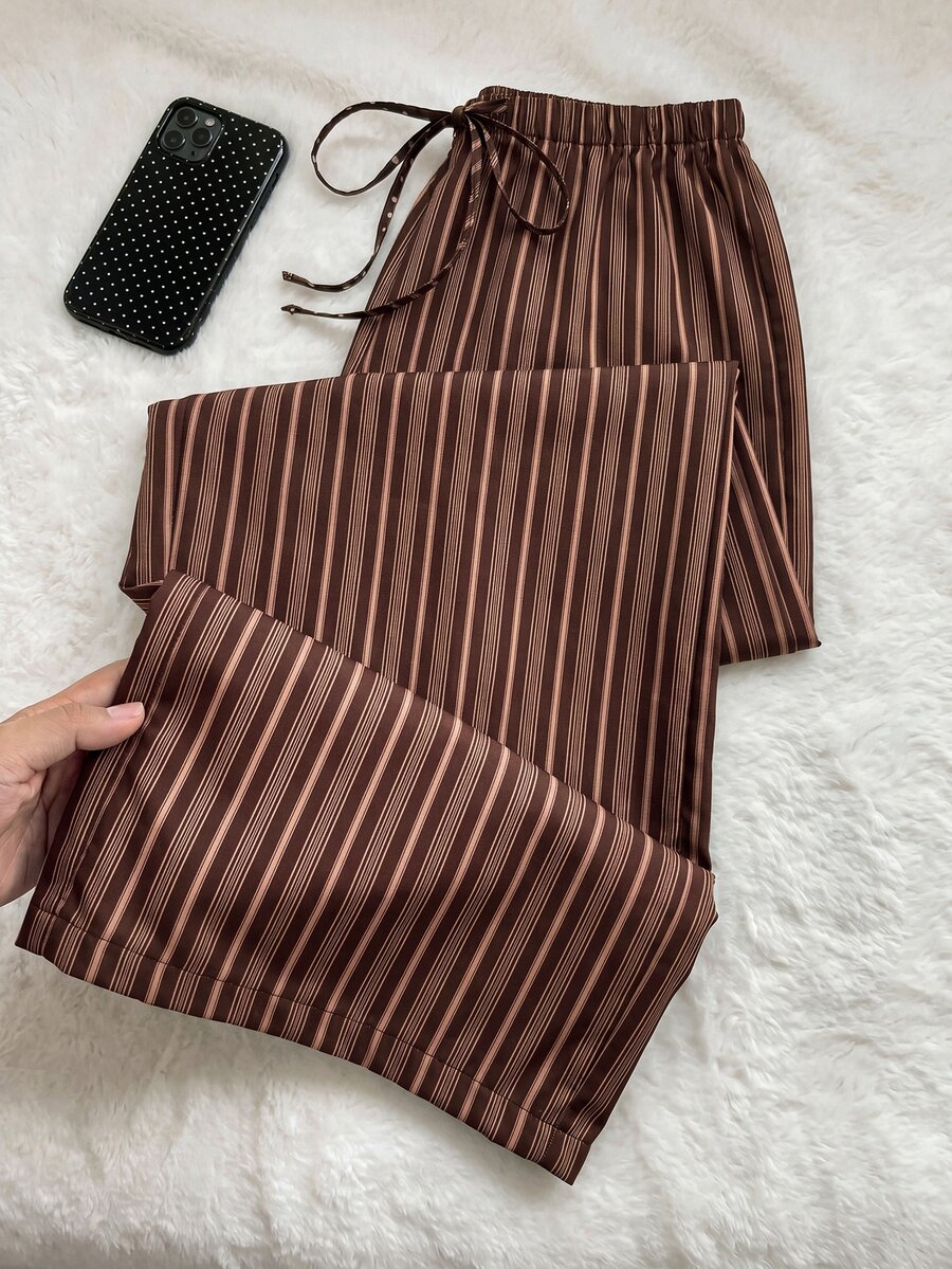Comfortcana Plus Size Casual Striped Colorblock Drawstring Waist Loose Pants Fall - Brown - View 1