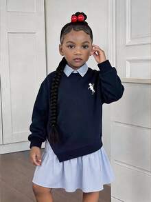 Young Girl Fashion Casual Knitted Long Sleeve Winter Dress, Striped Patchwork Contrast Color Dress, Preppy Style, Back To School, Autumn Outfit - Blue - View 1