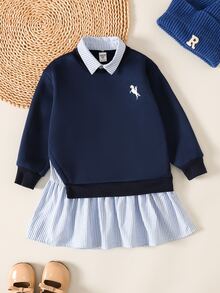 Young Girl Fashion Casual Knitted Long Sleeve Winter Dress, Striped Patchwork Contrast Color Dress, Preppy Style, Back To School, Autumn Outfit - Blue - View 7