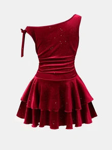 SHEIN Tween女孩秋冬休閒童裝不對稱肩短袖A字洋裝 - 藍色 - 查看 4