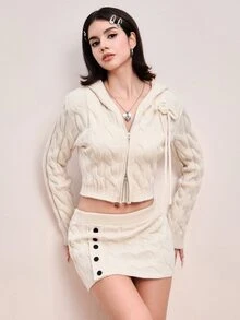 ROMWE Women's Crochet Braided Hooded Top And Button-Up Mini Skirt Knit Set - White - View 2