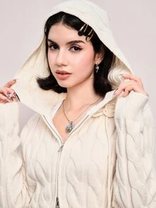 ROMWE Women's Crochet Braided Hooded Top And Button-Up Mini Skirt Knit Set - White - View 8