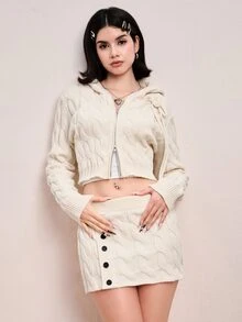 ROMWE Women's Crochet Braided Hooded Top And Button-Up Mini Skirt Knit Set - White - View 5