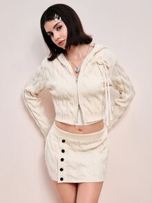 ROMWE Women's Crochet Braided Hooded Top And Button-Up Mini Skirt Knit Set - White - View 3